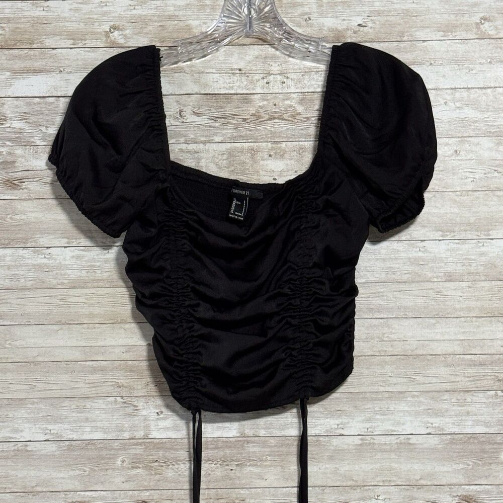 Goth Ren Faire Black Corset Crop Top Ruched Puff Sleeve Sz S Whimsi Coquette